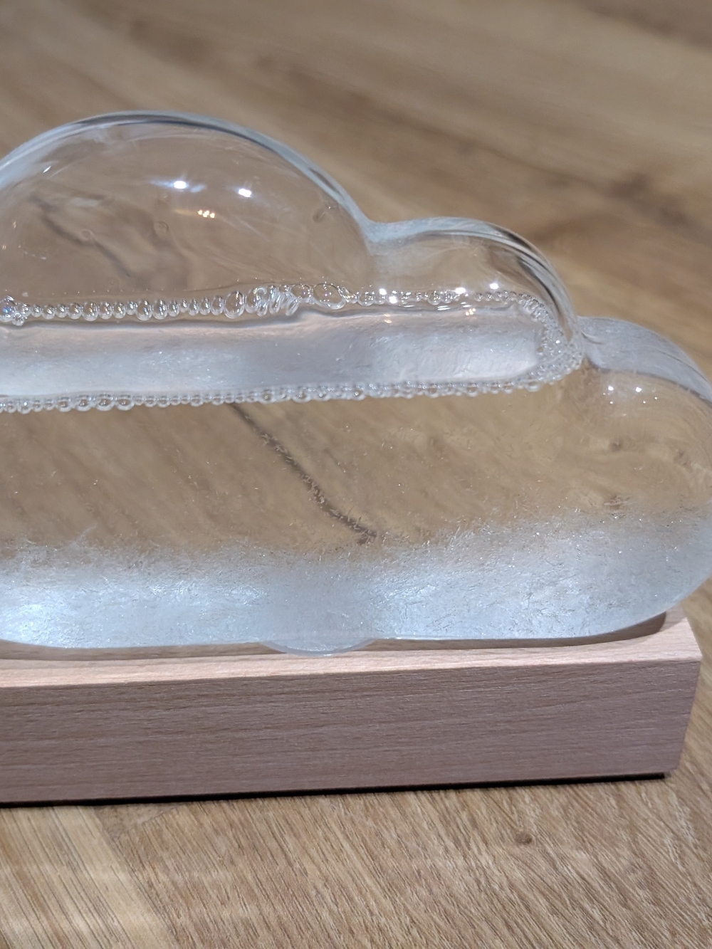Stylish Clear Glass Weather-predicting Cloud Sculpture on Wooden Base